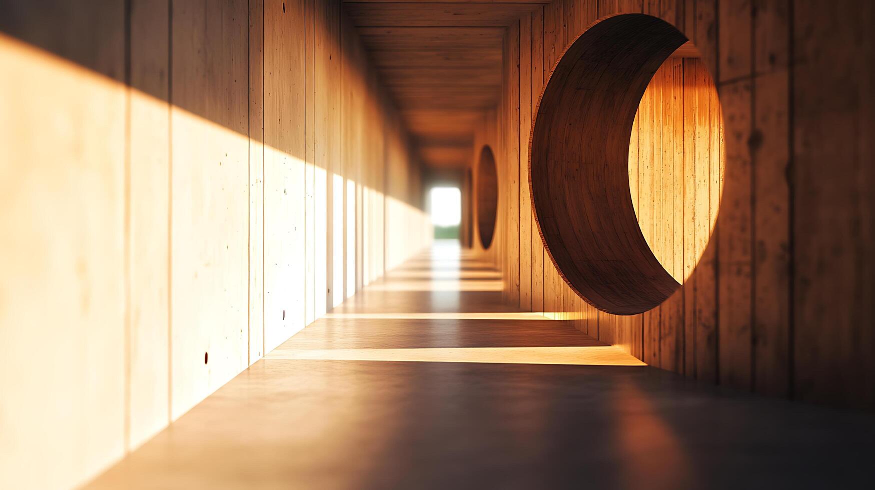 Concrete tunnel with round cutouts and bright sunlight creating dramatic shadows, highlighting the architectural design. photo