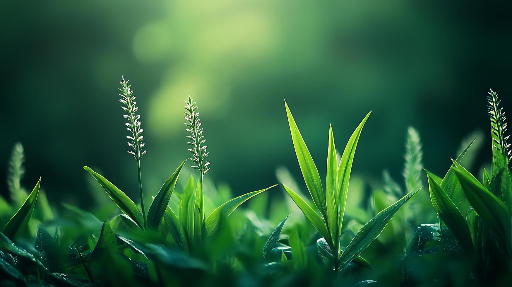 A lush green field of grass blades and flowering plants, evoking nature's beauty and tranquility. Perfect for a peaceful background. photo