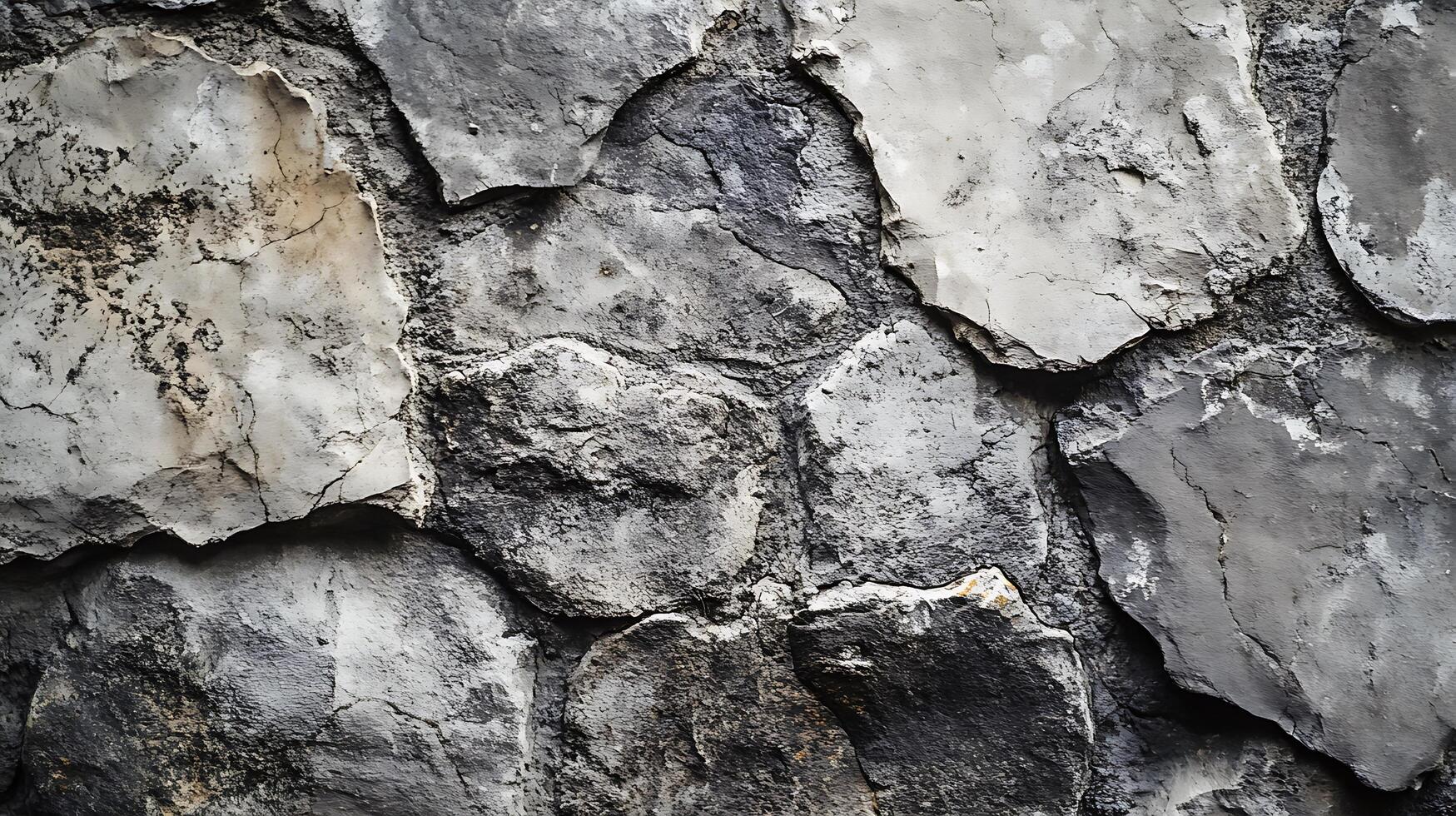 Monochrome stones are joined to form this structure. The stone wall has visible textures of gray shades and shapes. photo