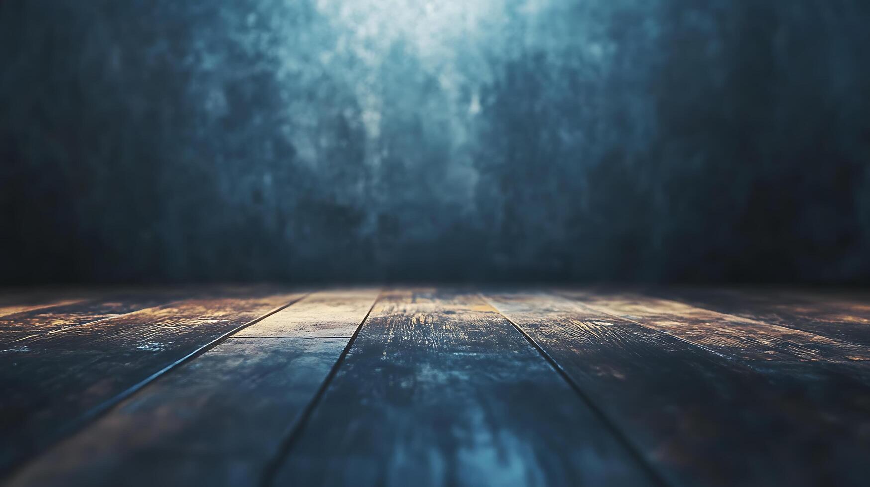 Mysterious backdrop features a wooden surface in dim light against a textured wall. Perfect for creating atmospheric visuals. photo