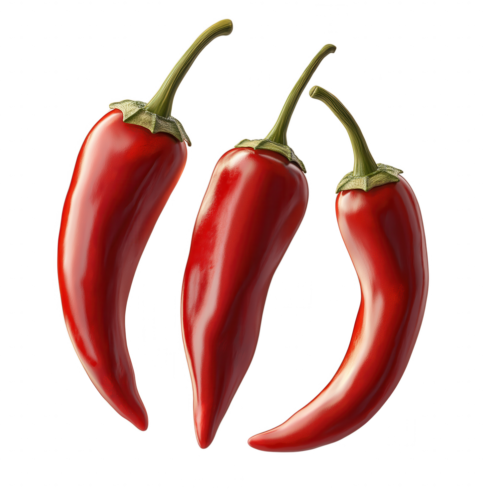 Three red chili peppers are shown in a close up png
