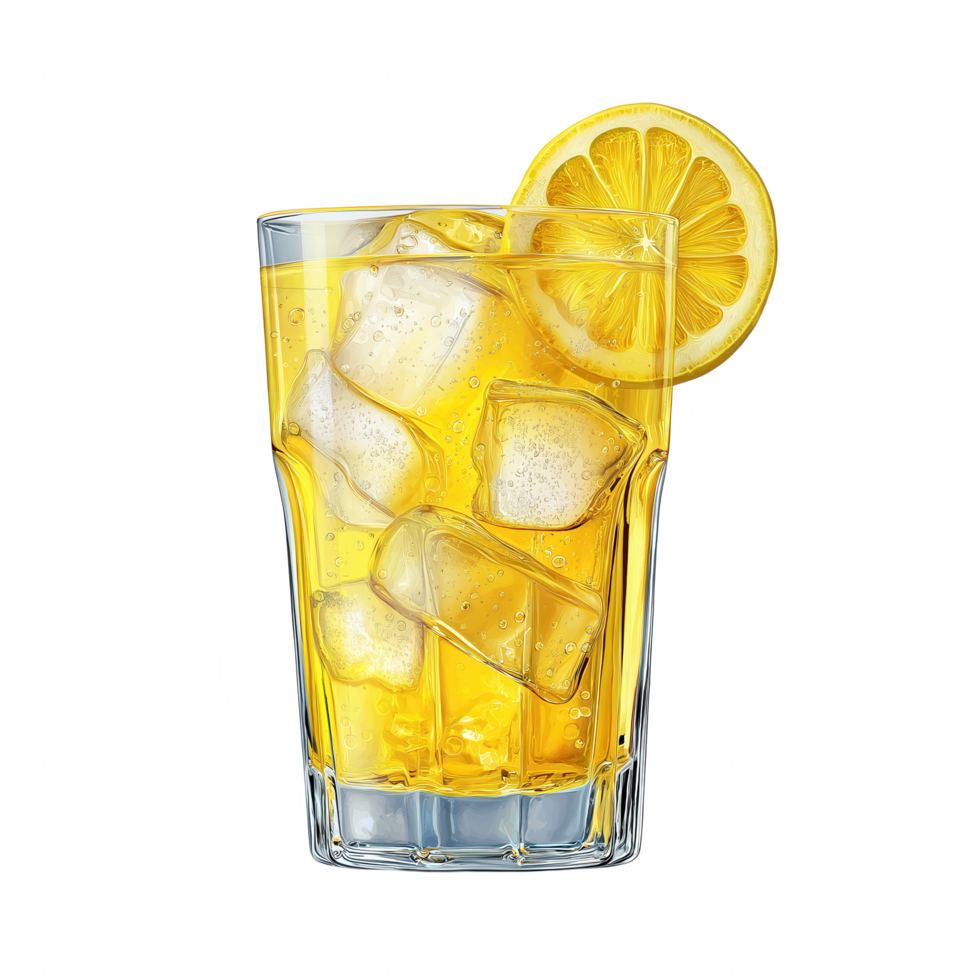 A glass of lemonade with ice cubes and a lemon slice on top png