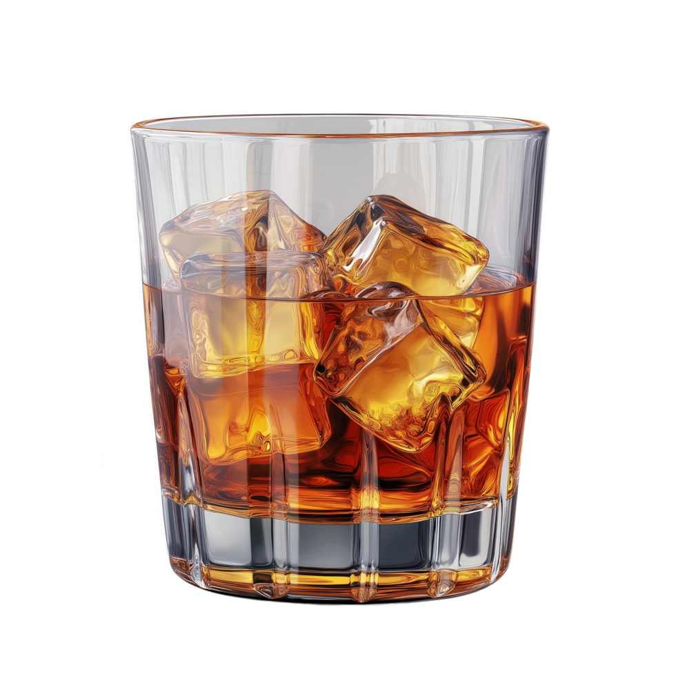 A glass of ice cold whiskey with ice cubes in it png