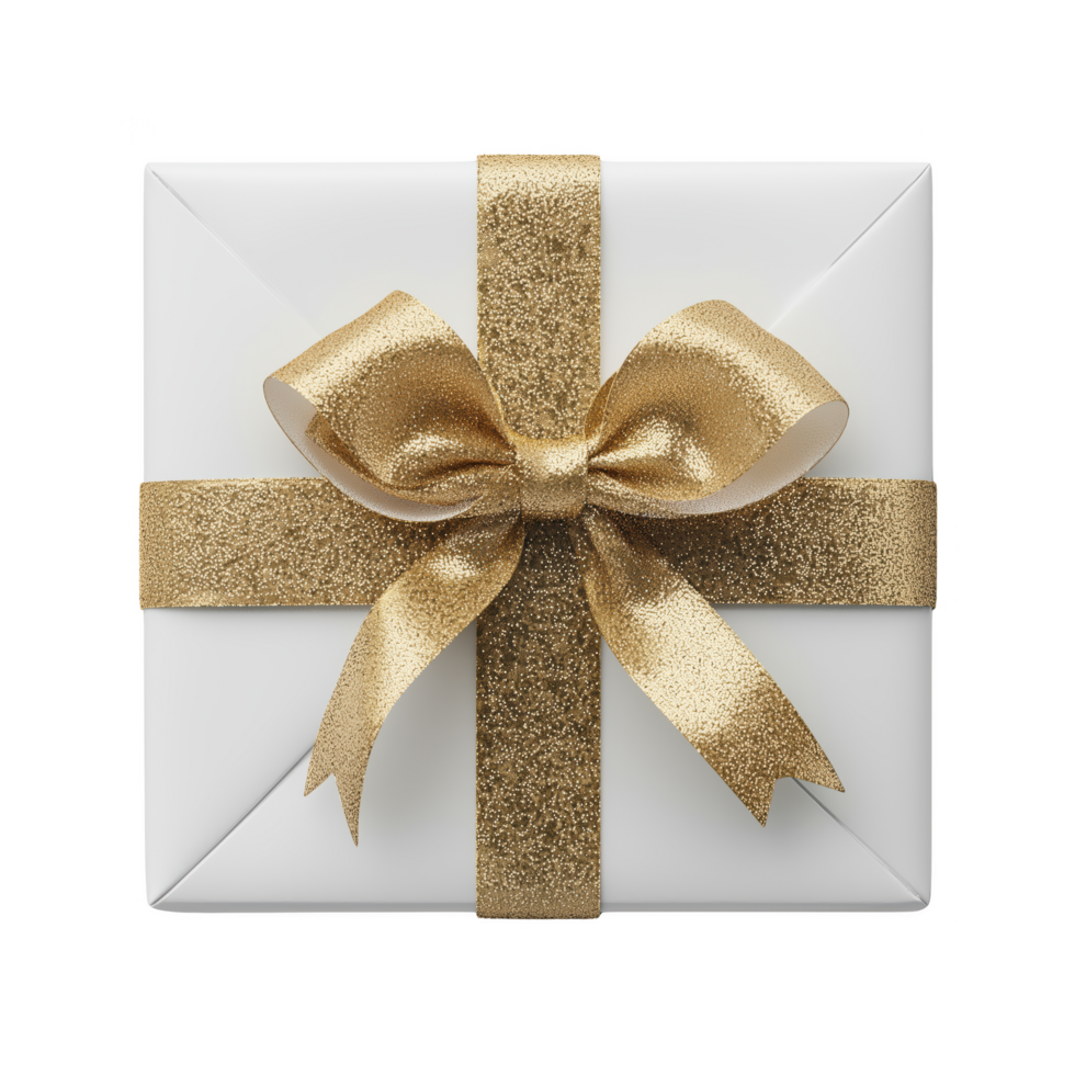 A gold bow is tied around a white box, which is likely a gift png