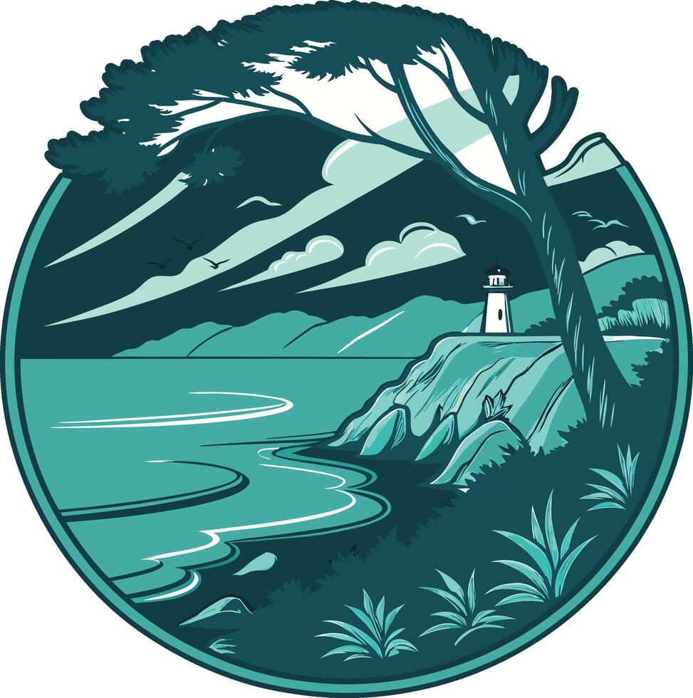 coastal scenery with a lighthouse atop a cliff vector