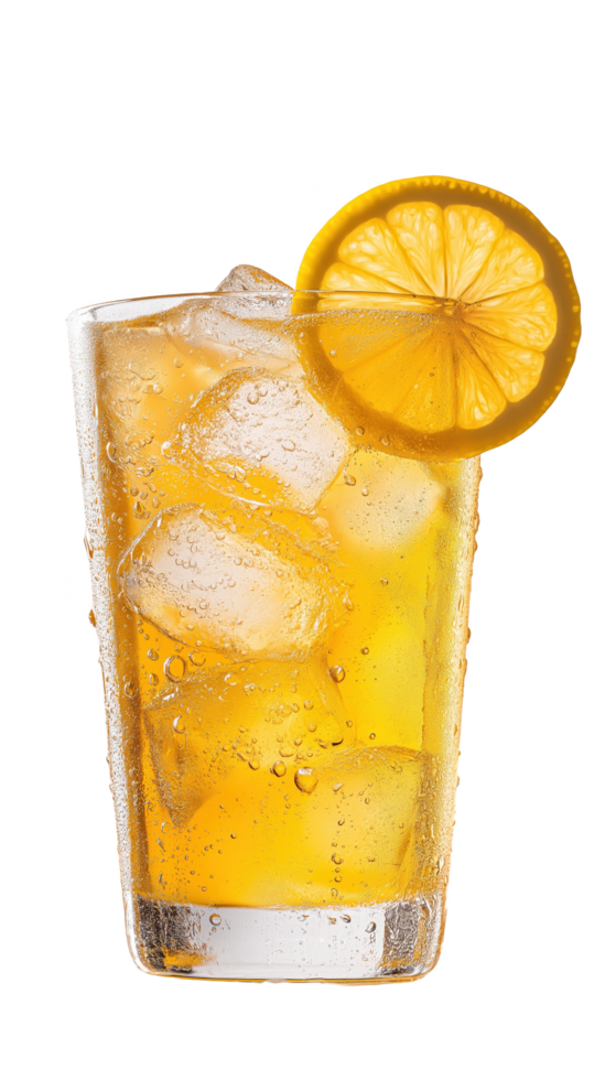 A glass of iced tea with a lemon slice on top png