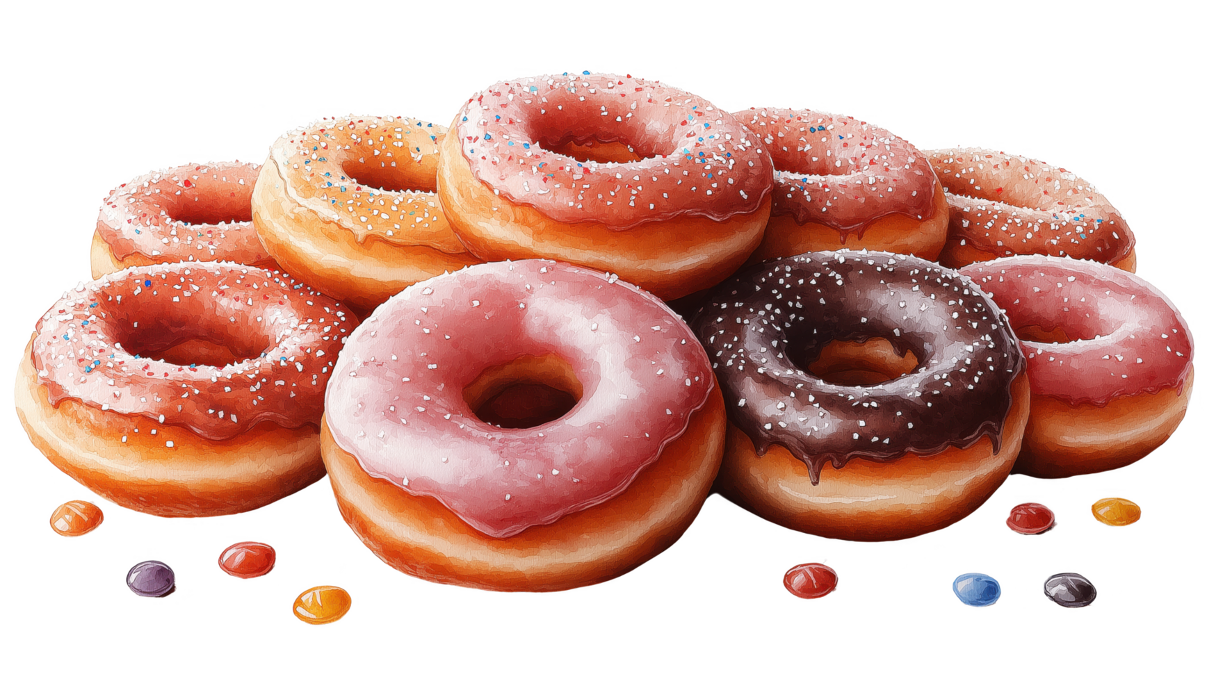 A row of donuts with different colors and sprinkles png