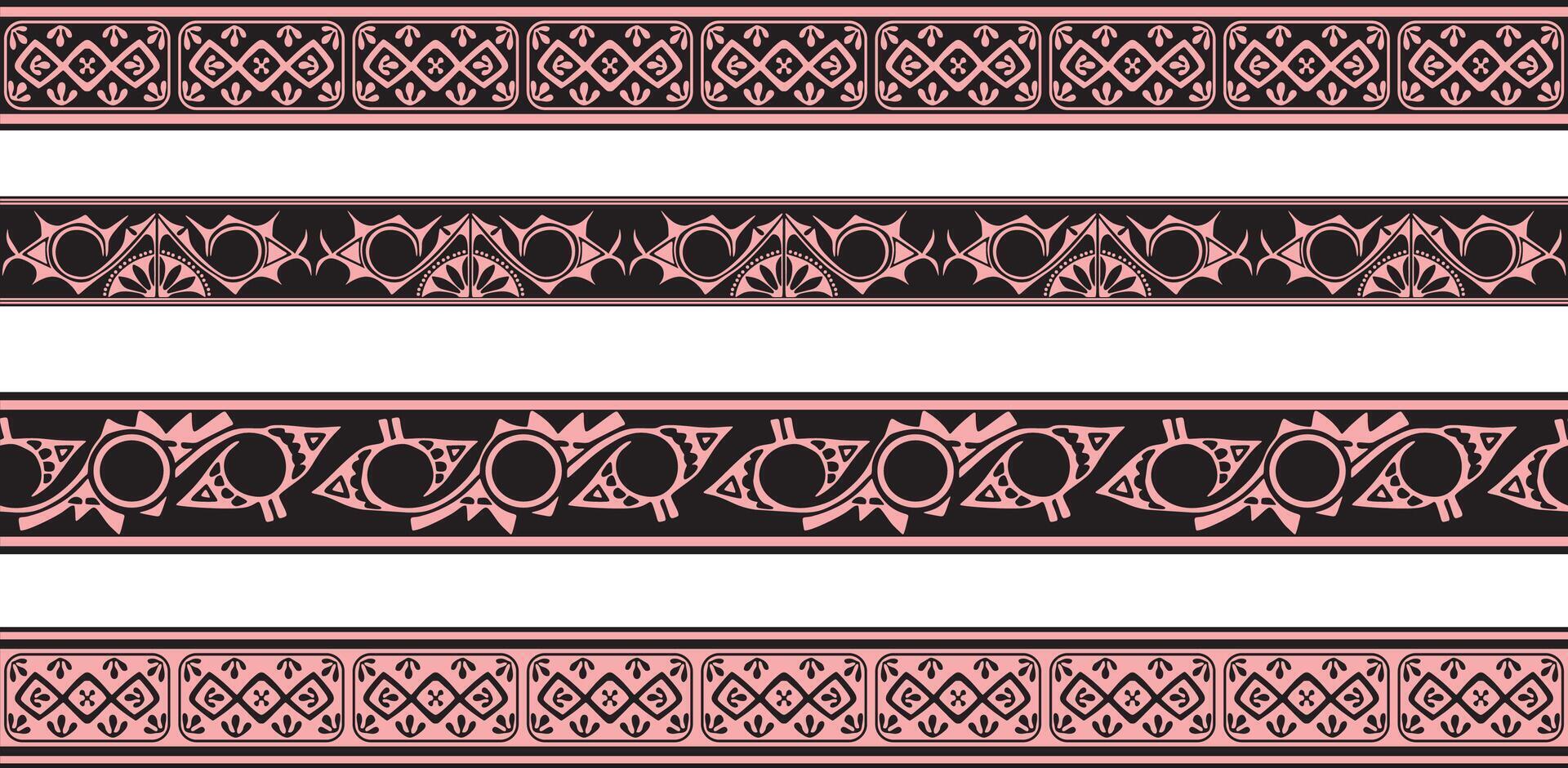 set of pink and black Native American ornamental seamless borders. Framework of the peoples of America, Aztecs, Maya vector