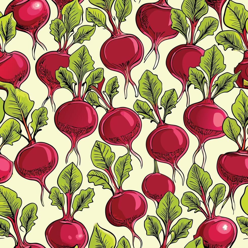 A seamless pattern with red beets on a yellow background vector