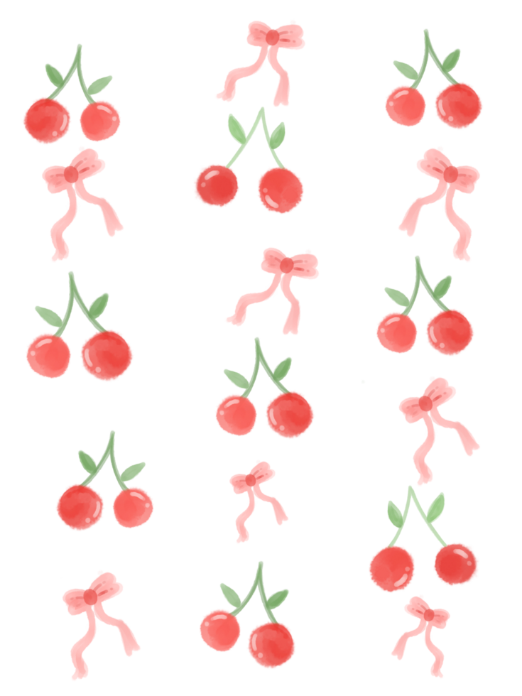 watercolor cherry fruit pattern with cute ribbon png