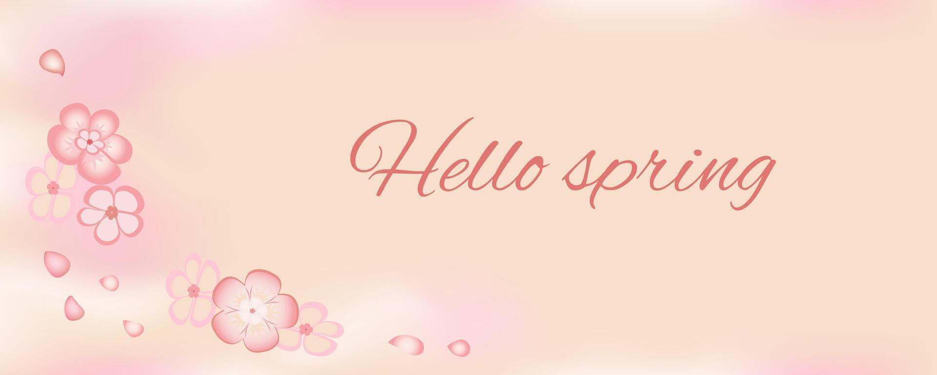 Spring background with abstract shapes, cherry flowers and flying petals on pink background. vector