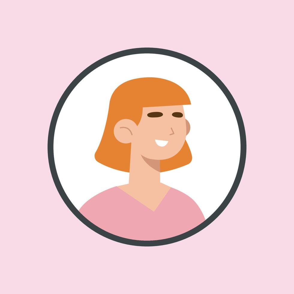 short hair girl in circle frame with outline flat design. vector
