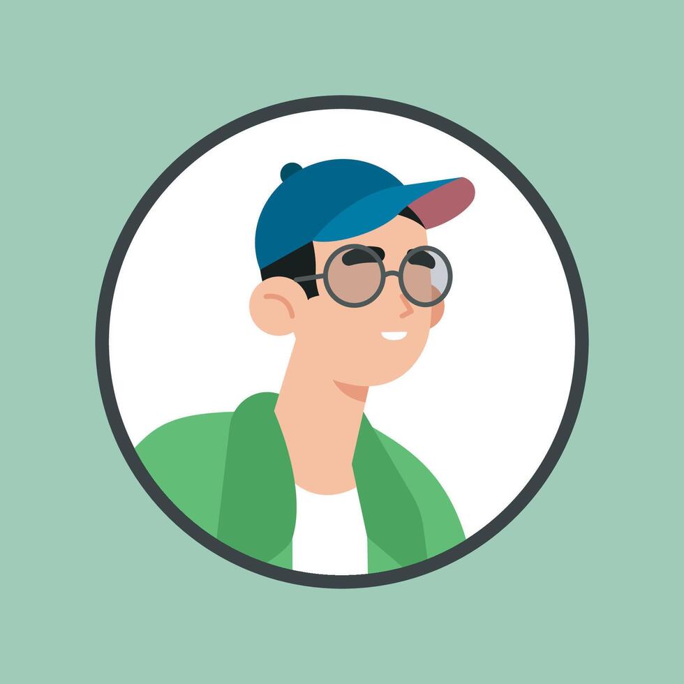boy wearing eye glasses and hat in circle frame with outline flat design. vector