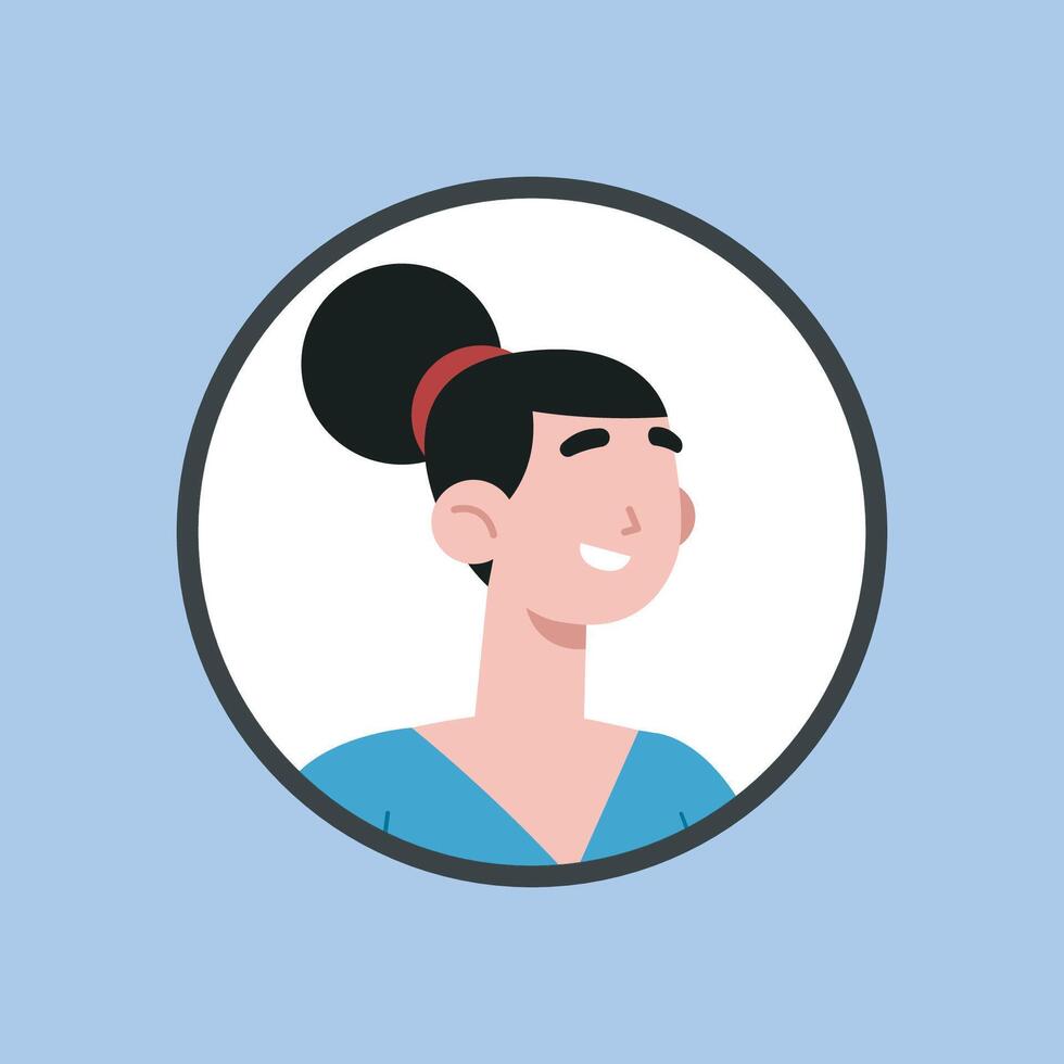 tied hair girl in circle frame with outline flat design. vector