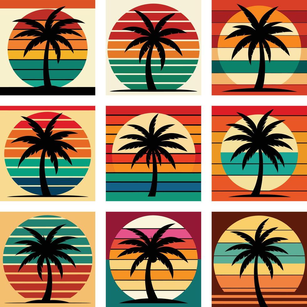 Retro Vintage Palm Tree Sunset, set of beach bundle, palm tree silhouette on retro stripes with Sunset Background vector