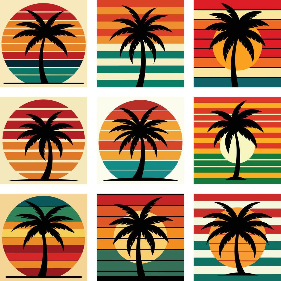 Retro Vintage Palm Tree Sunset, set of beach bundle, palm tree silhouette on retro stripes with a sun vector