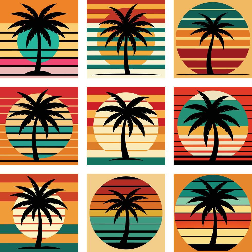 Retro Vintage Palm Tree Sunset, set of beach bundle, palm tree silhouette on retro stripes with sun background vector