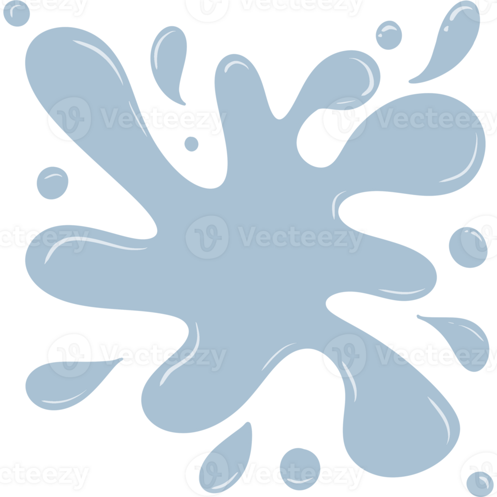 Digital rendering shows light blue water splashes on a transparent background. The splatters are roughly star-shaped. with small drops Scattered around. png