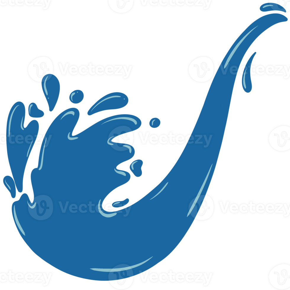 A stylized blue water splash design, featuring a curved, saxophone-like shape resembling a splash, with smaller droplets, all in a vibrant blue hue against a light background. png