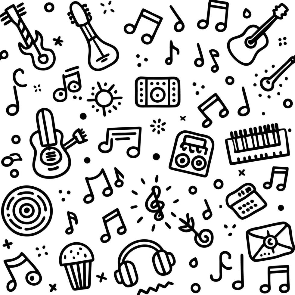 music notes and musical instruments in a black and white drawing vector