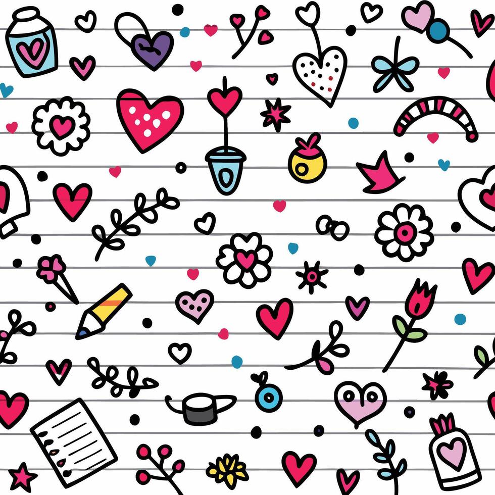 seamless pattern with hearts, flowers and other items vector