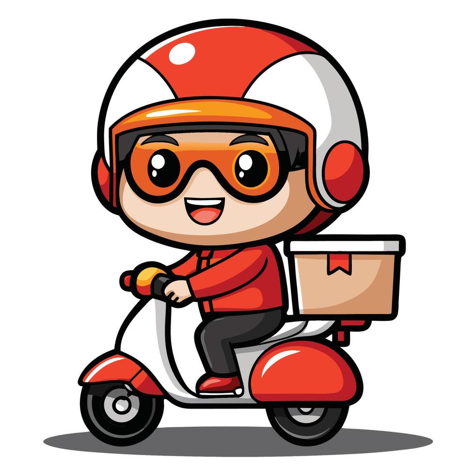 cartoon delivery boy riding a scooter with a box vector