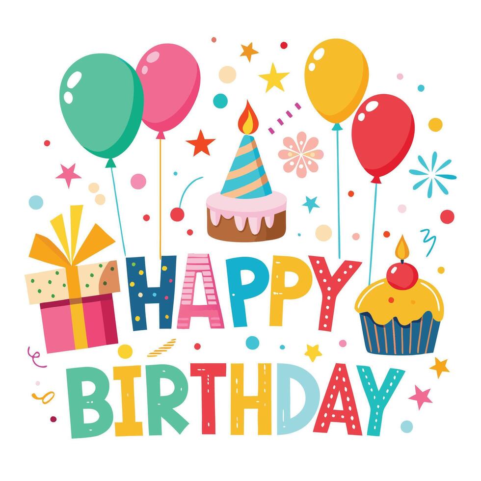 happy birthday card with balloons cake vector