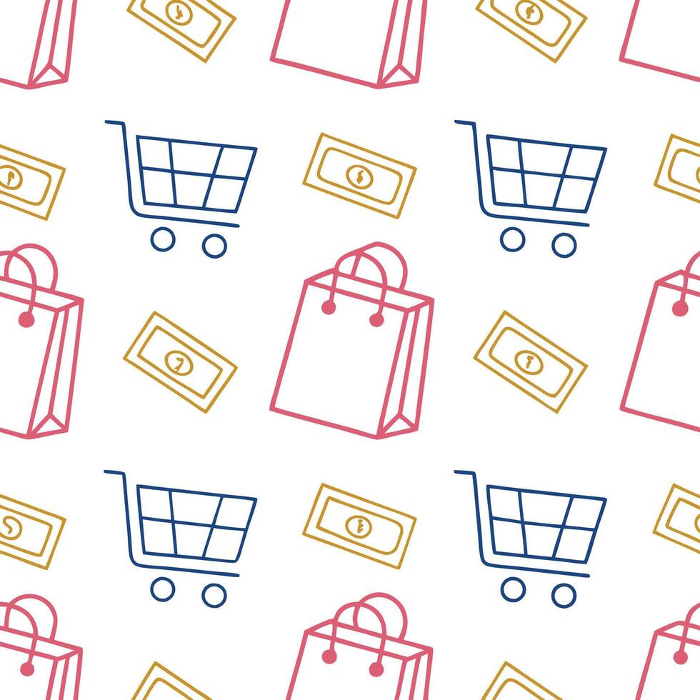 shopping cart and seamless pattern white background vector