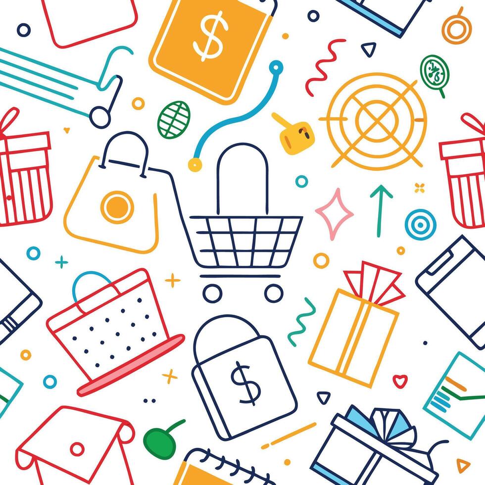shopping seamless pattern colorful icons white background vector