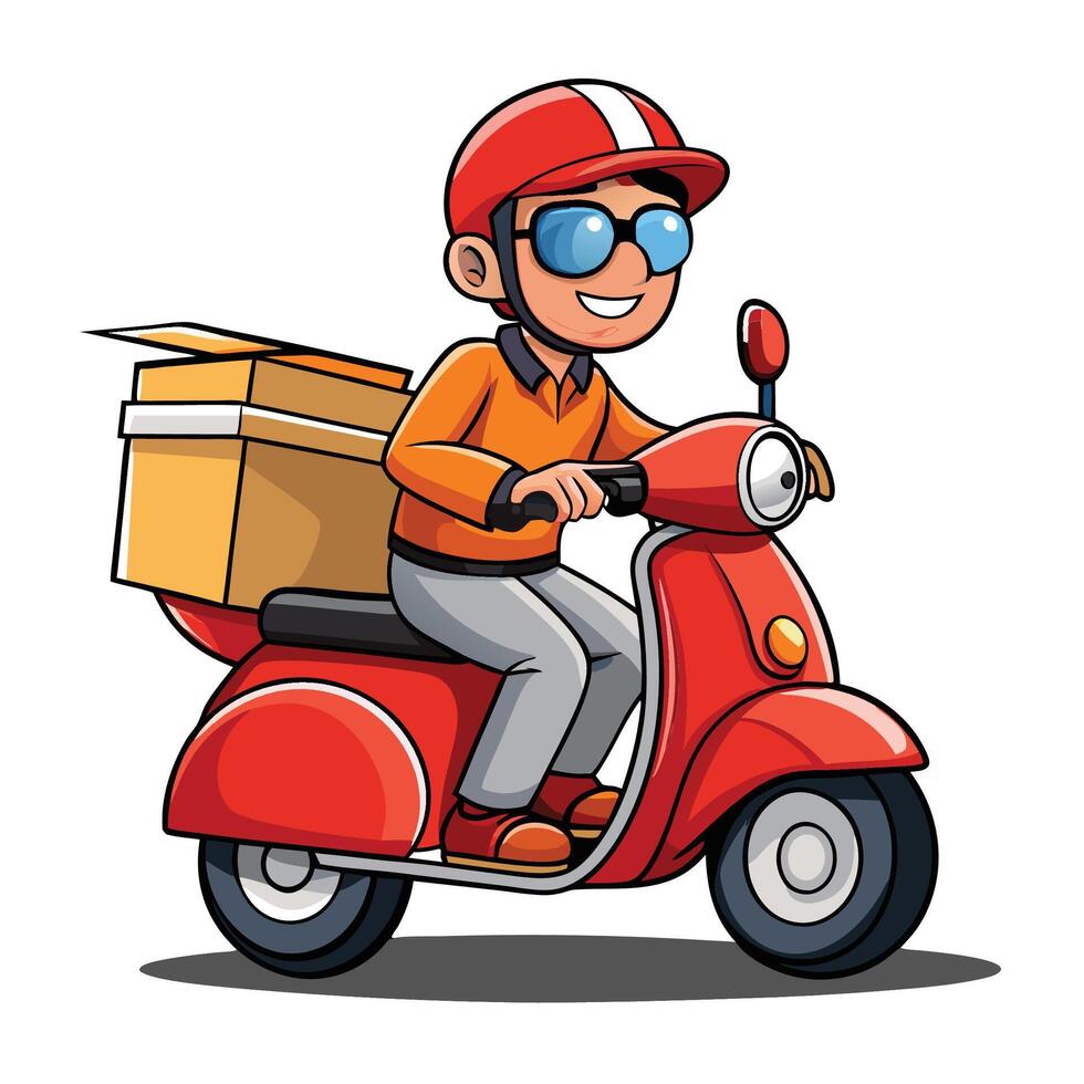 cartoon delivery boy riding scooter with boxes white background vector
