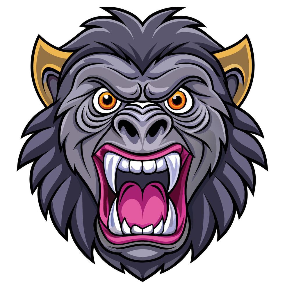 an angry gorilla head with fangs and open mouth vector
