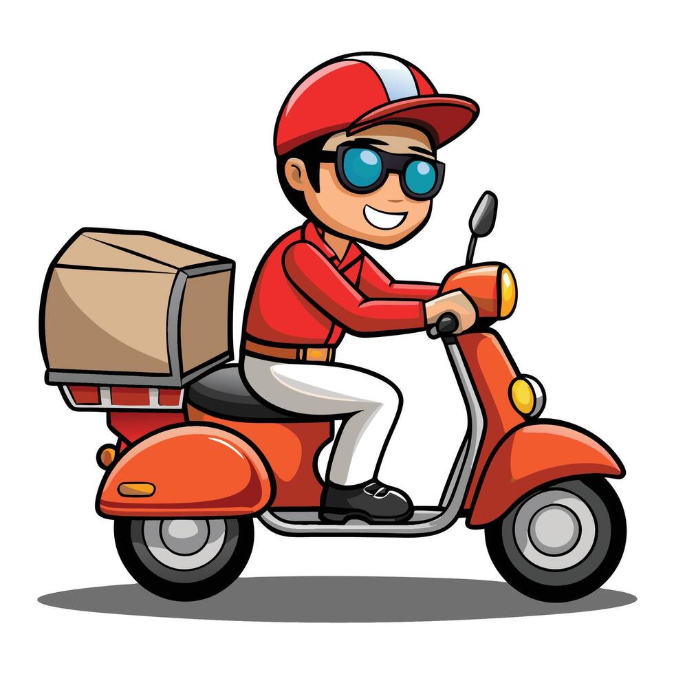 a cartoon delivery man riding a scooter with a box on the back vector