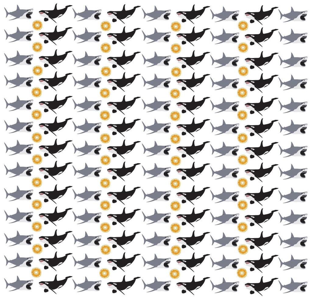 shark, orca with fruit as a pattern background vector