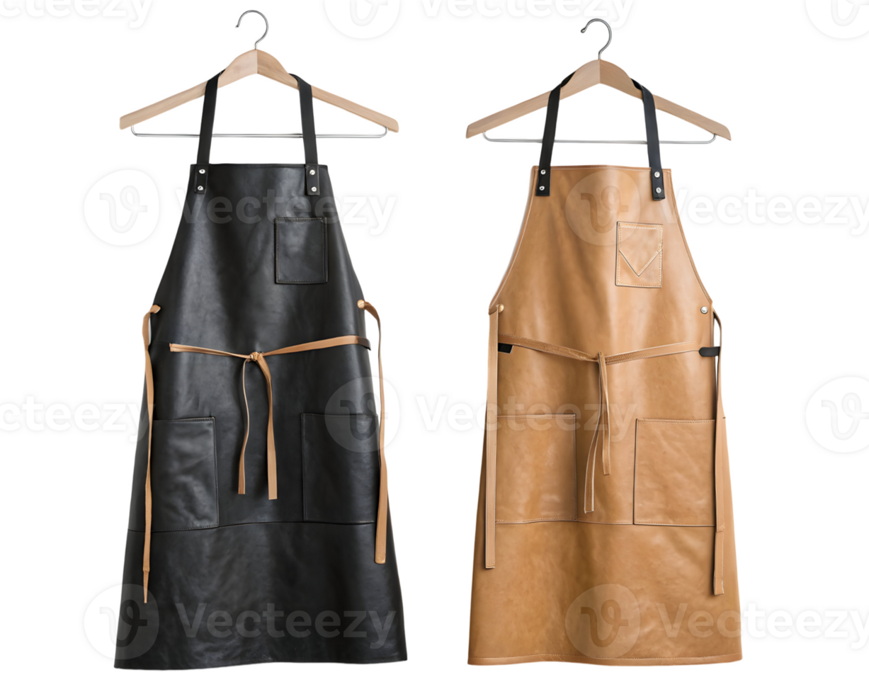 Elegant black and tan leather aprons displayed on hangers, showcasing craftsmanship, style, and functionality png