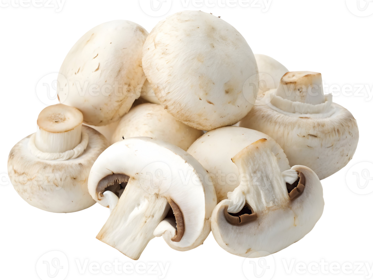 Cluster of whole and sliced white button mushrooms with visible gills and slight soil traces png