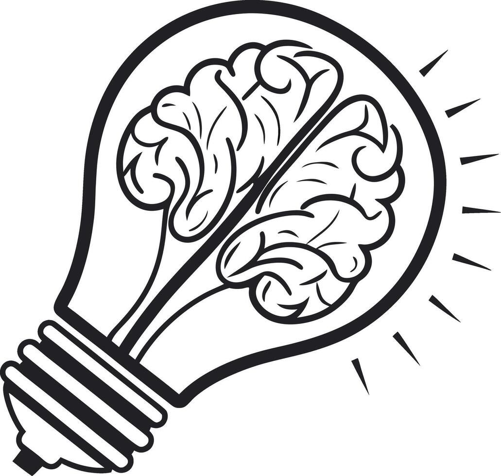 stylized brain intricately encased within a glowing light bulb vector