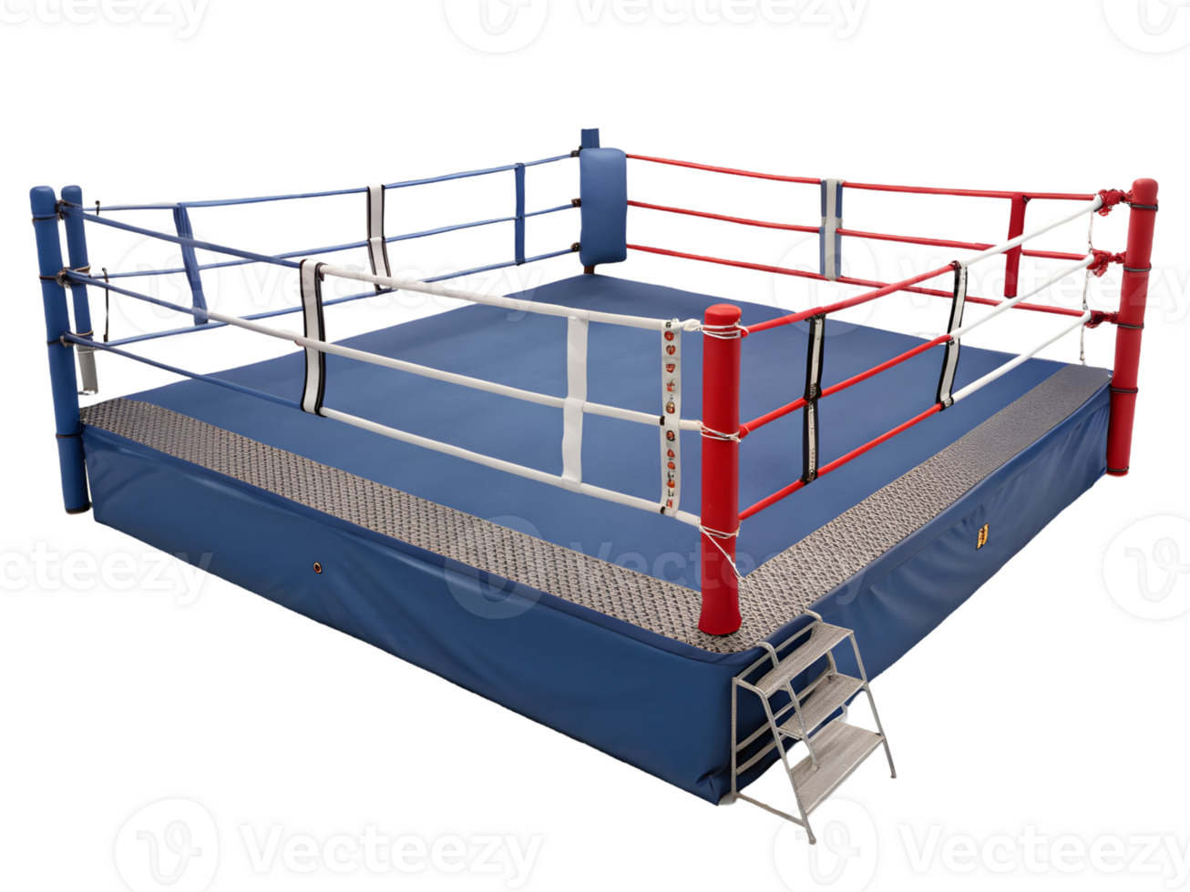 View of a professional standard boxing ring with neutral corners, stairs, and ropes png