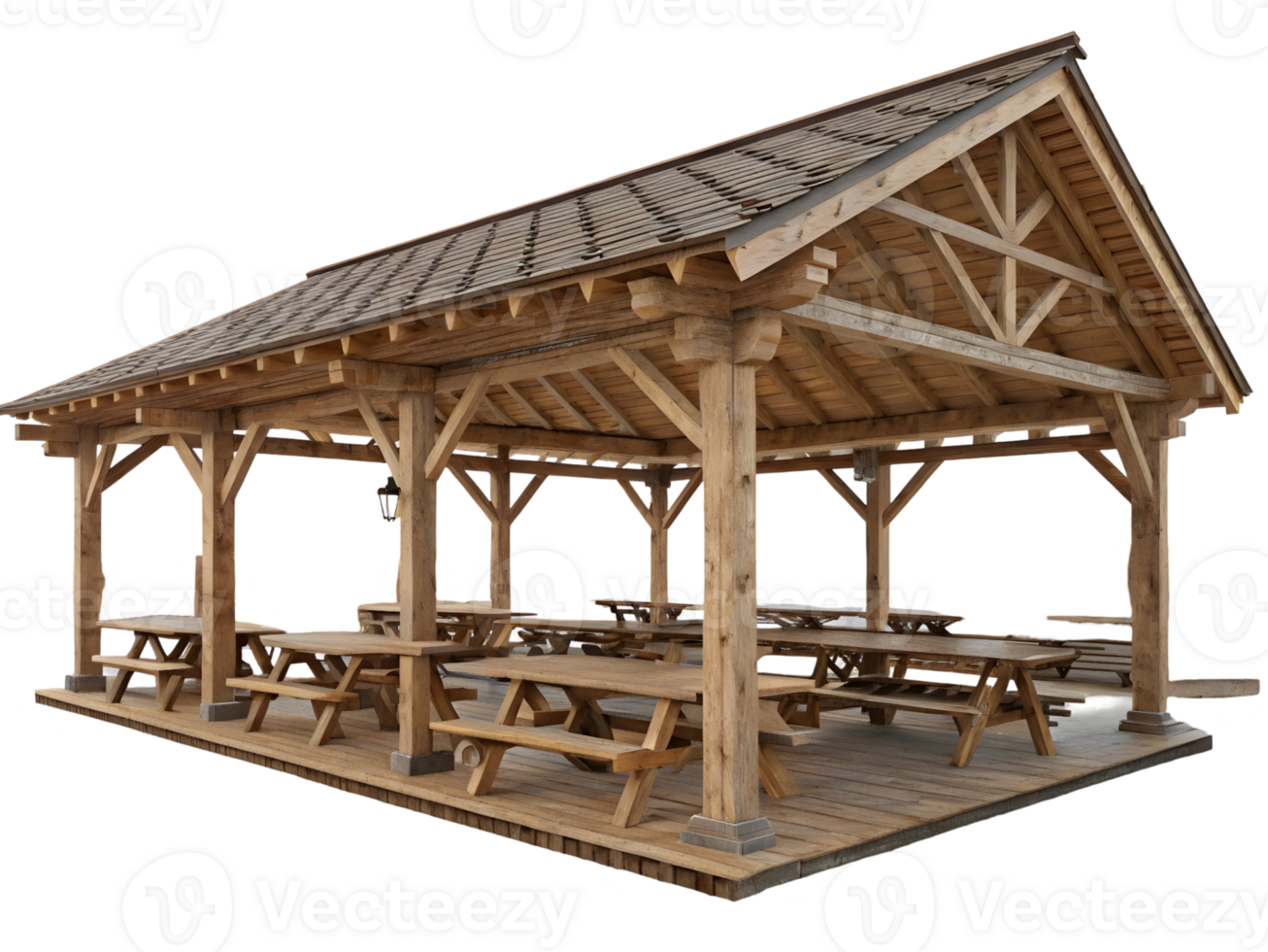 Open sided wooden pavilion with detailed trusses, timber beams, and picnic tables png