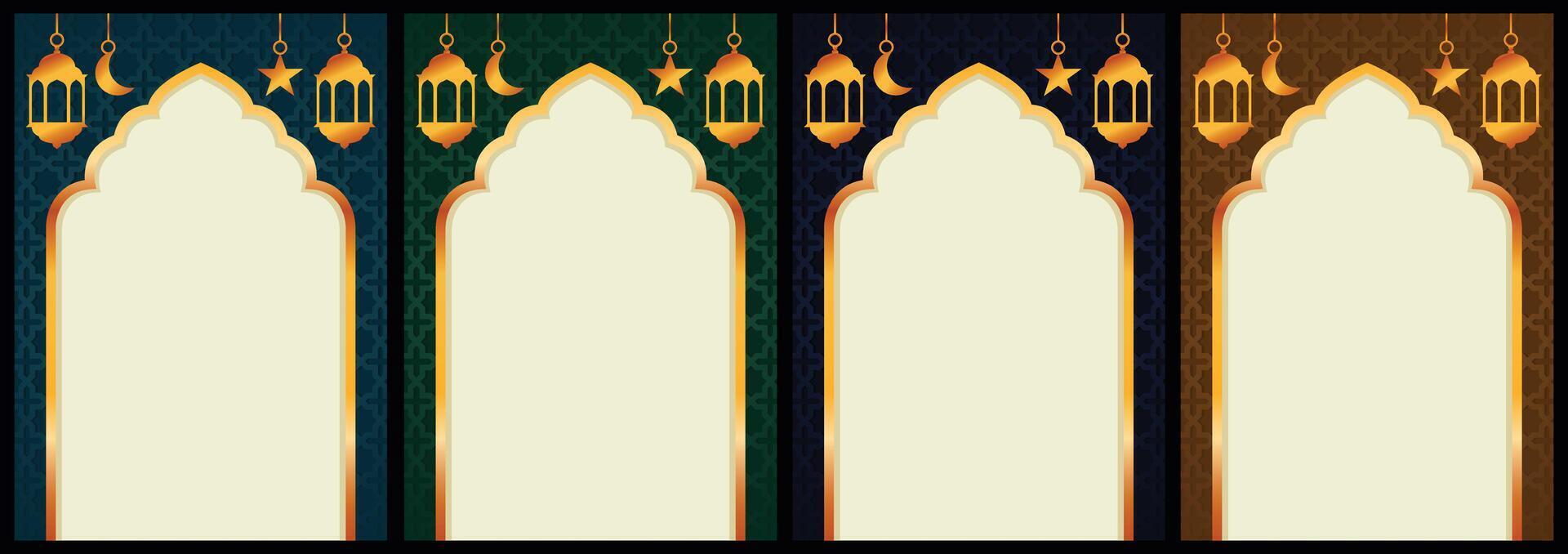 4 sets of Ramadan-themed background designs, with ornaments, frame borders, and lanterns vector