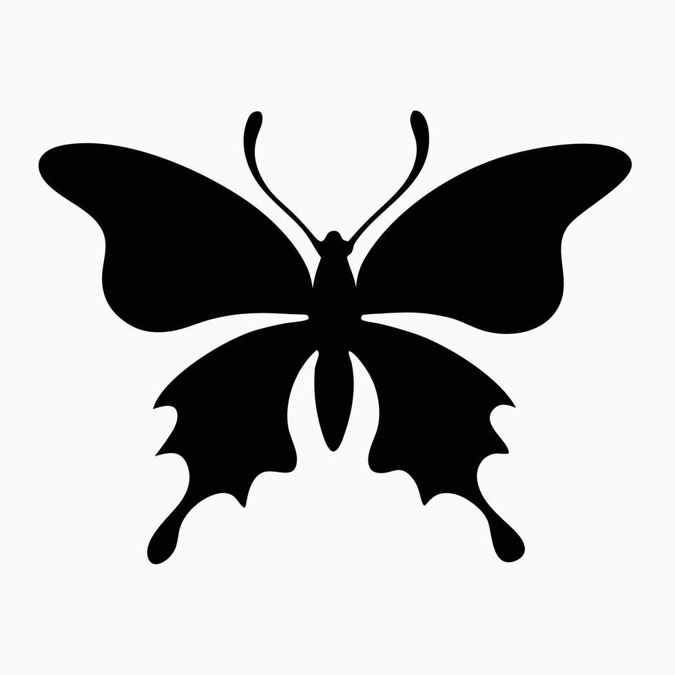 A sophisticated, stylized silhouette of a butterfly in black against a pure white background. vector