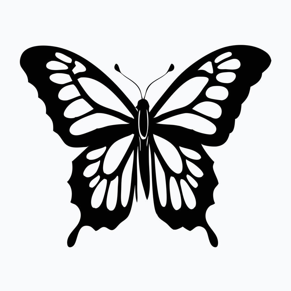 A stylized, black and white silhouette of a butterfly, perfect for use in designs, logos, or illustrations. vector