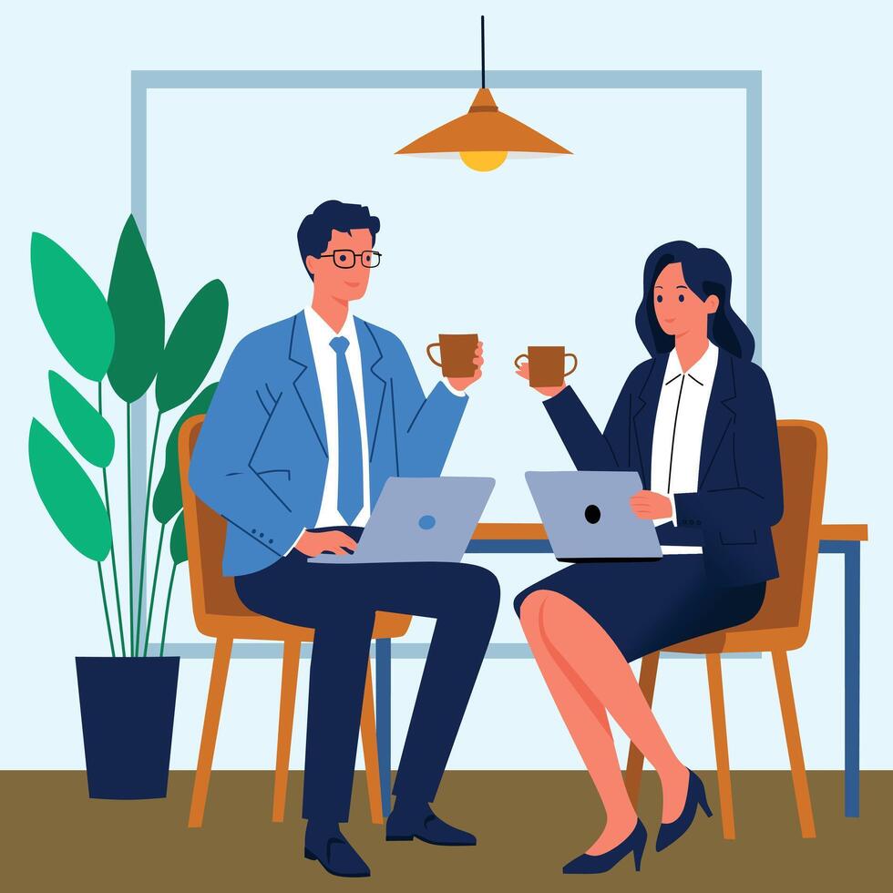 Business colleagues having a productive break with coffee and laptops discussing project details in a modern office setting vector