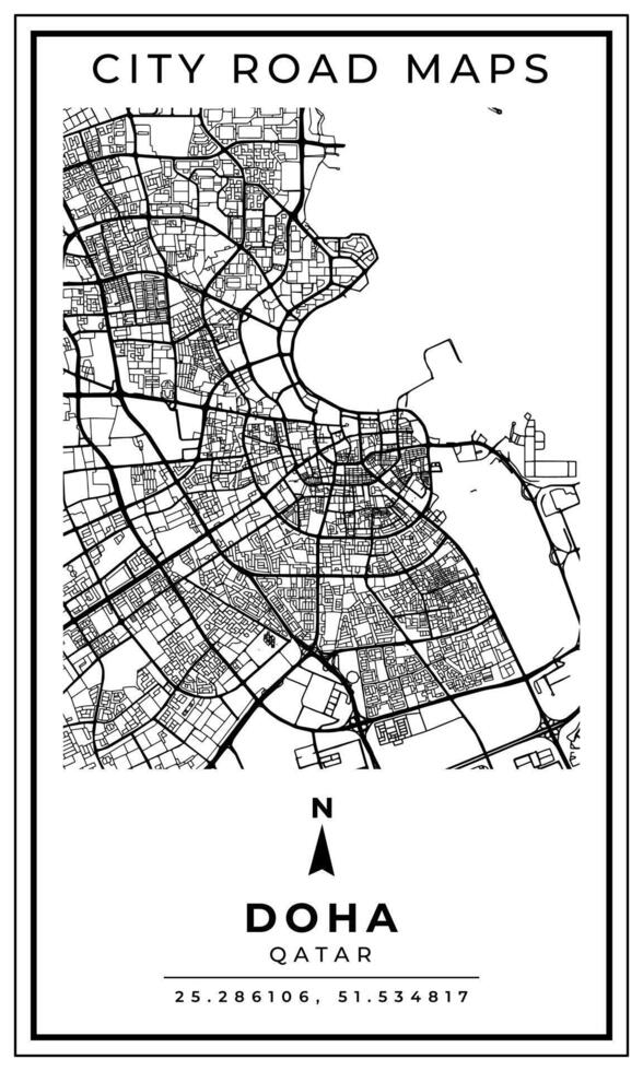 Black and white printable road map of Doha city Qatar banner poster design with coordinate position location, illustration vector