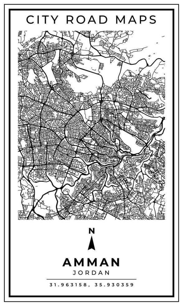 Black and white printable road map of Amman city Jordan banner poster design with coordinate position location, illustration vector