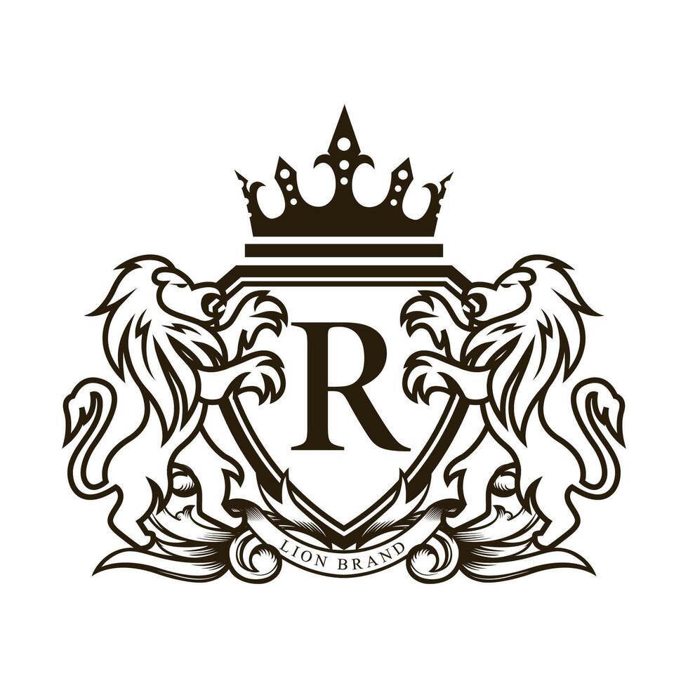 Lion brand logo featuring two lions holding a shield and a crown design vector