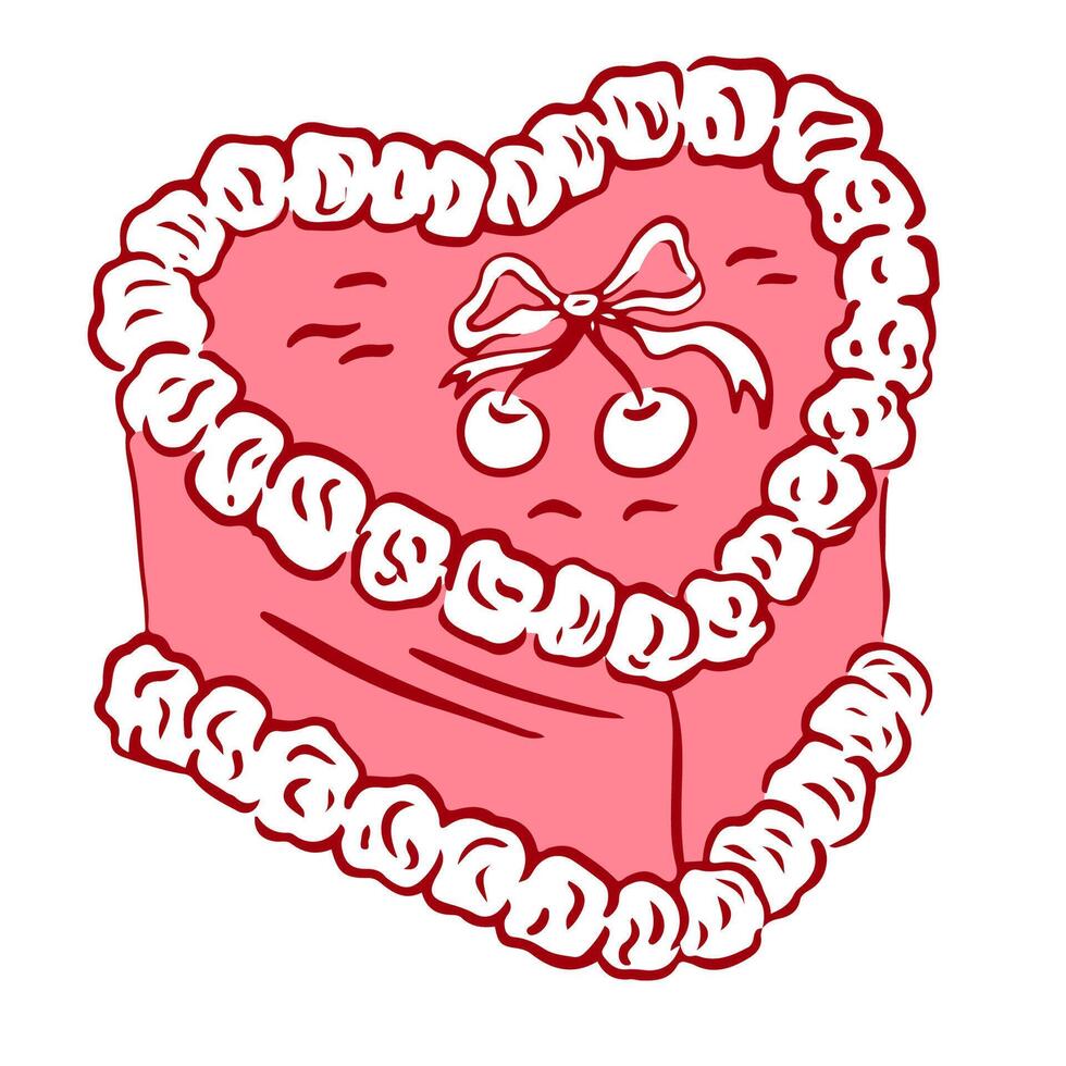 Coquette vintage cake with cherry, bows and ribbons. Hand draw cute girly illustration. Perfect for Valentines day, wedding invitation, birthday cards. vector