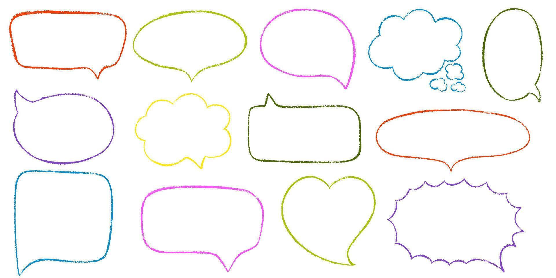 Chalk pencil speech bubbles doodle set. Crayon frames, comic talk balloon. Grange texture. Hand drawn kid's style pencil dialog balloon, various text clouds. Hand drawn illustration vector