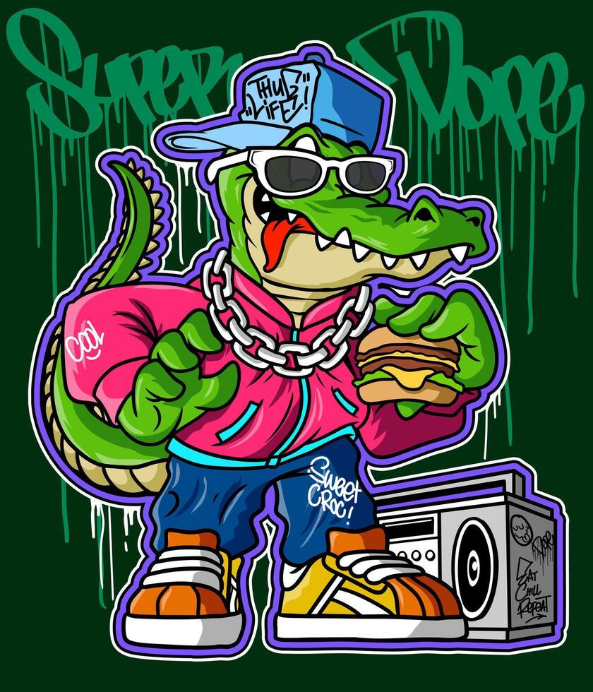Crocodile Graffiti Cartoon Character. Crocodile Illustration holding burger in gangster style vector