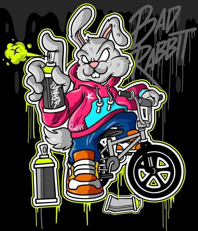 Rabbit Graffiti Cartoon Character. Rabbit Illustration sitting pose on bicycle with holding spray paint vector