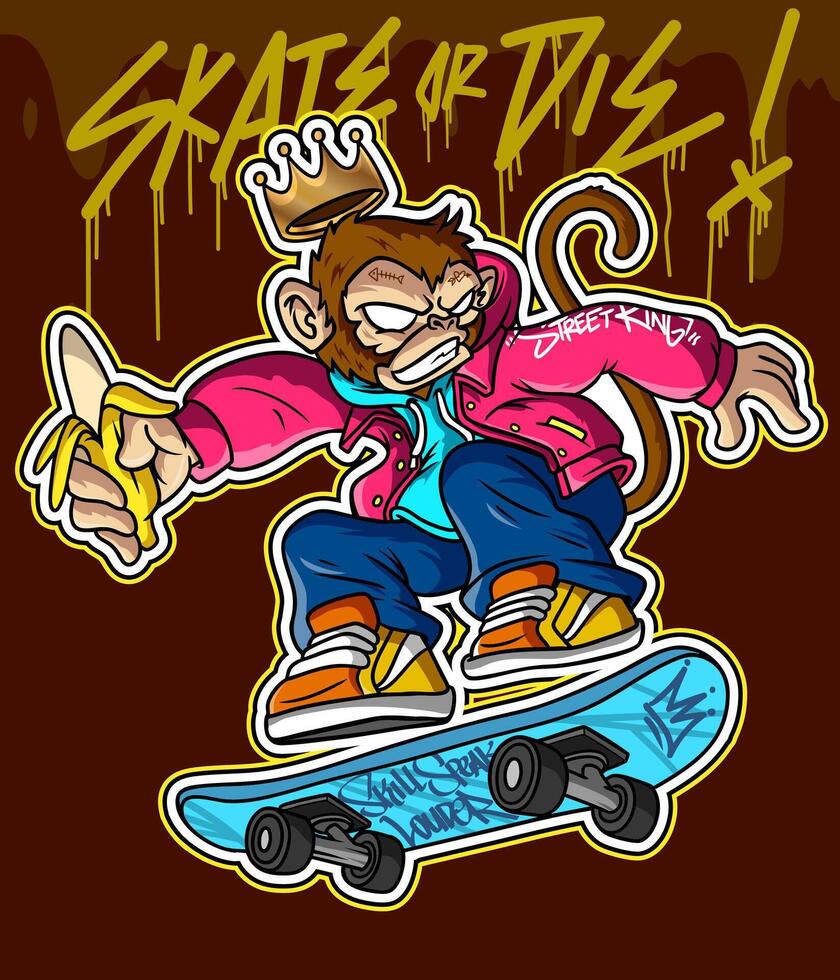 Monkey Graffiti Cartoon Character. Monkey Illustration playing skateboard in stylish pose vector